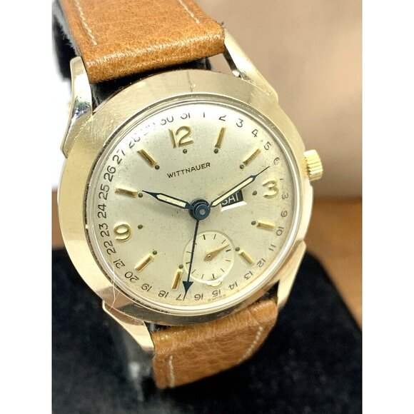 Wittnauer Men's Watch 2101 Vintage Swiss Hand Wind Day Date 33mm Leather Strap - Picture 1 of 16